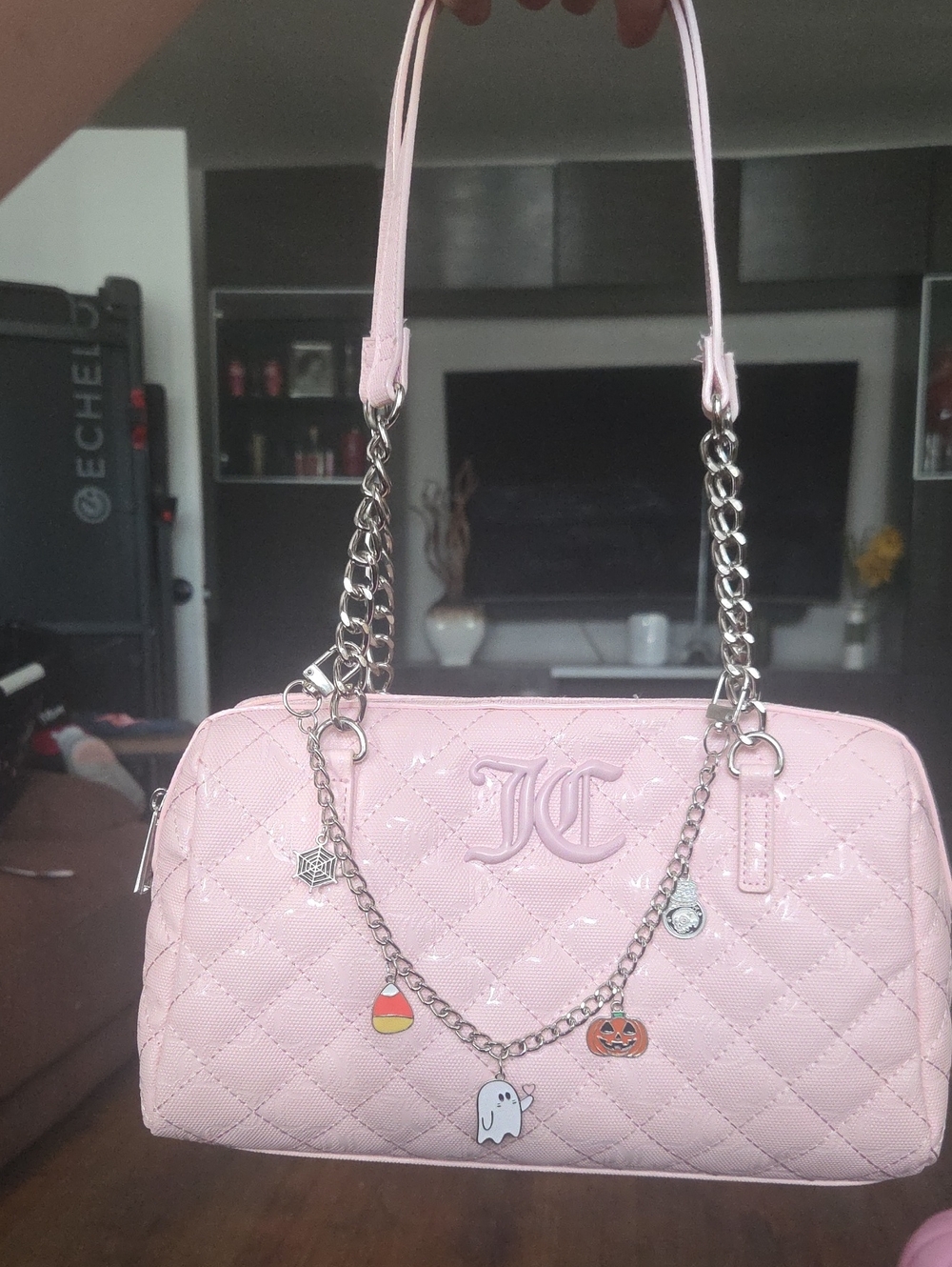 Pink Quilted Shoulder Bag with Charm Chain